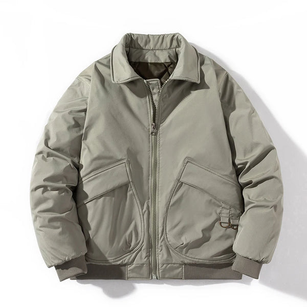 Men's Solid Bomber Jacket - Vintage Retro Military Style Motorcycle Parka - Thick Windbreaker with Pockets for Autumn and Winter Casual Wear